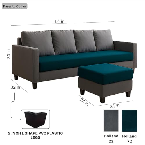 Image of FURNY Arnold 5 Seater L Shape Sofa Set with Movable Ottoman | Flexible Left or Right Layout | Plush Velvet Fabric (Dark Grey-Greenish Teal) | Perfect for Living Room, Guest Room & Office
