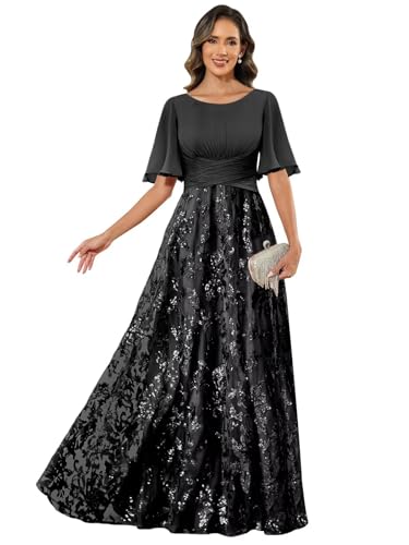TORYEMY Long Mother of The Bride Dresses for Women Lace Sequin Formal Wedding Guest Dress with Sleeves