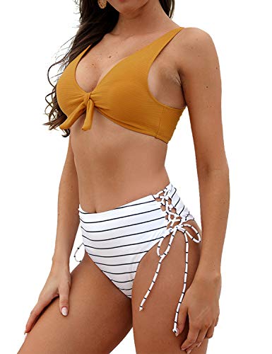 Blooming Jelly Womens High Waisted Bathing Suits Lace Up Tummy Control Swimsuits Ribbed Tie Front Bikini Set (Small, Mustard)
