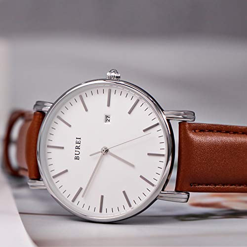 Burei Silver Wrist Watch For Men Minimalist Analog Dress Watch Watchproof Quartz Brown Leather Band Watches For Men #TOP4