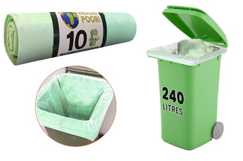 HooriPoori 240 L 10 100% Compostable Biodegradable Wheelie Bin Liners Strong and Leak proof Wheelie Bin Bags Food Waste Bags 100% Corn Starch Plastic Free Fully Compliant with EN 14323 & AS 4736
