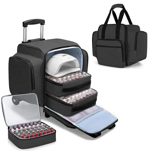 BAFASO Rolling Nail Polish Organizer Holds 144 Bottles, Nail Polish Case with a Detachable Dolly and 3 Removable Cases (Patented Design), Black by BAFASO - Used condition - US$56.74