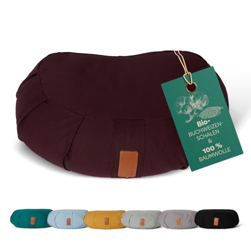 #DoYourYoga Zafu Halbmondkissen Ganesh mit Bio-Buchweizenschalen (KBA) waschbarer Bezug | 45 x 30 x 14 cm | Meditations- Sitz- Rondokissen für Yin Yoga | bordeaux