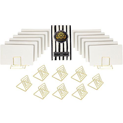 CB Accessories Table Card Holder Set of 20 Food Signs White Place Cards with Wire Stands for Weddings, Dinner Parties, Buffets, Table Numbers (Gold)