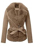 Pallivare Women's Faux Leather Jacket Winter Spring Motorcycle Biker Clothes Outfits Sherpa-Lined Coat with Removable Fur Collar 8831-a Brown M