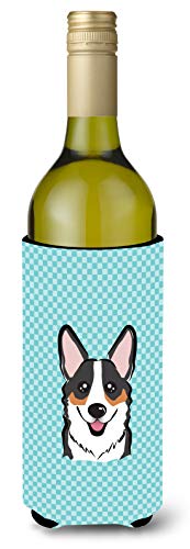 Caroline's Treasures BB1193LITERK Checkerboard Blue Corgi Wine Bottle Hugger Bottle Cooler Sleeve Hugger Machine Washable Collapsible Insulator Beverage Insulated Holder
