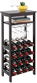 Homfa Bamboo Wine Rack Free Standing Wine Holder Display Shelves with Glass Holder