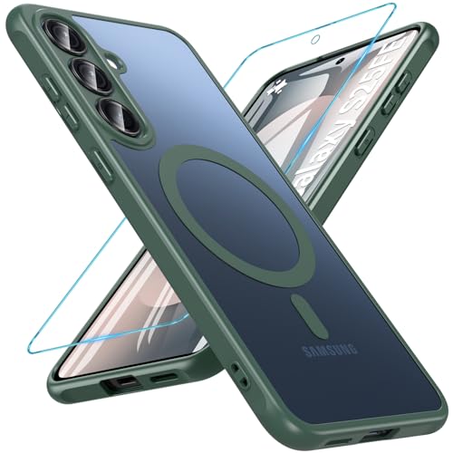Image of OWKEY for Samsung Galaxy S25 FE Case 6.7'', Magnetic Galaxy S25 FE Case for Magsafe with Tempered Screen Protector [Shockproof Military] Translucent Matte Bumper Phone Cover Samsung S25 FE 5G, Green