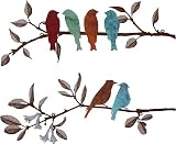 Decoración de arte de pared de pájaros de metal, 2 piezas pájaros vivos en rama escultura de pared pájaros de metal decoración colgante de pared