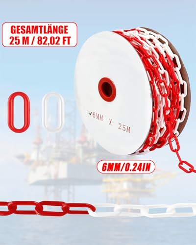 25m Absperrkette Rot Weiß Kunststoff: 6 mm Stärke Kette zum Absperren Warnkette aus Kunststoff für Barrieren in Auffahrten, Arbeitsplätzen und Garagen (1 Rollen)