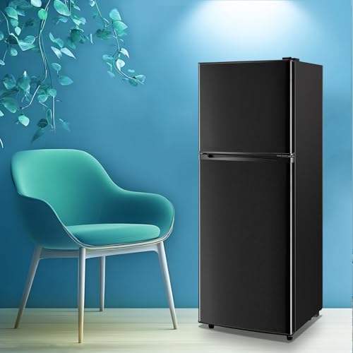 WANAI Large Capacity Fridge with Freezer, 5.0 CU.FT Refrigerator with 2 Door & 7 Gear Mechanical Control & Side Bottle Rack, LED Light, Ideal for Dorm, Kitchen, Apartment, Office, Black