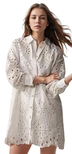 CHARTOU Women Eyelet Lace Dress Button Down Shirt Loose Fit Summer Casual Mini Dress2