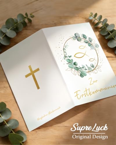 Erstkommunion Karte, Eukalyptus Kommunionkarten Set Glückwunsch mit Umschlag und Wachssiegel, Karte Kommunion Mädchen Junge - Zur Erstkommunion