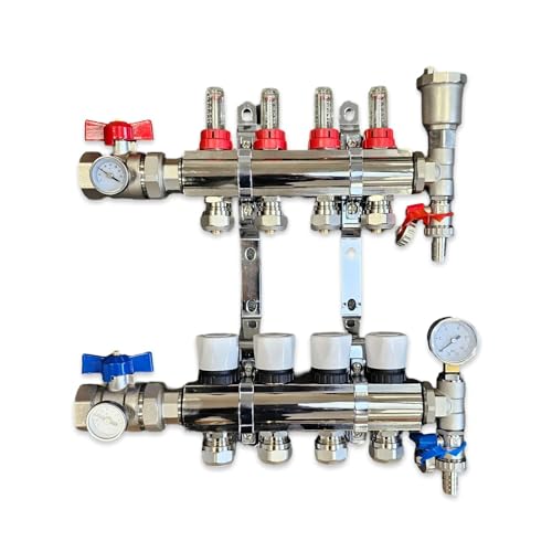 Image of 4 Port Complete Underfloor Heating Manifold with Pipe Connections, Ball Valves with Thermometers Set of 2, Automatic Air Vent & Pressure Gauge (Copper 15mm eurocones)