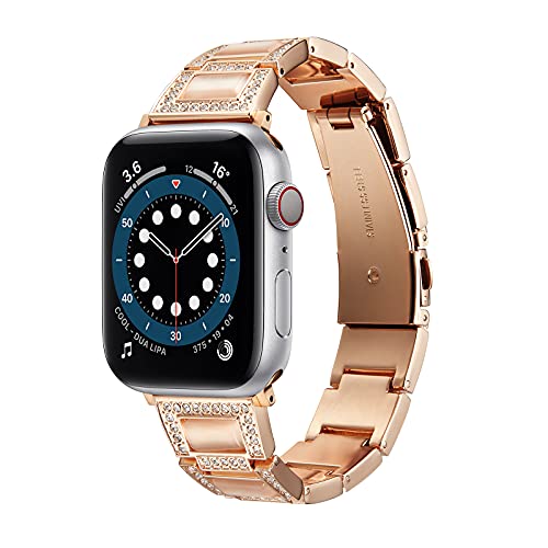 GOOYIN Armband Kompatibel für Apple Watch 45mm 44mm 42mm Damen Armbänder Schmuck Metall Ersatzarmband Strass Diamant Einzigartig Uhrenarmband für iWatch Series 7 6 5 4 3 2 1 SE, Roségold Aprikose Cover