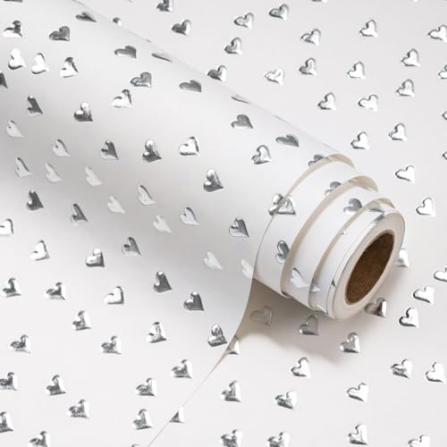 WRAPAHOLIC 3D Kraft Heart Wrapping Paper - Mini Roll - 17 inch x 16.5 feet - White and Silver Foil Love Heart Design with Embossed for Valentines Day Wedding Anniversary Birthday Bridal Shower