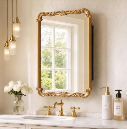 Quelthar Vintage Wood Medicine Cabinet, Bathroom Mirror with Storage, Gold | 20"x30" Recessed or Surface Mount Medicine Cabinet, Stable & Durable, Easy Install Tempered Glass Mirror, 2 Shelves Storage