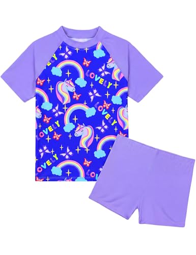Image of Girls Swimsuit Colorful Short Sleeve Bathing Suits UPF 50+ Rash Guard Set Two Piece Summer Swimwear