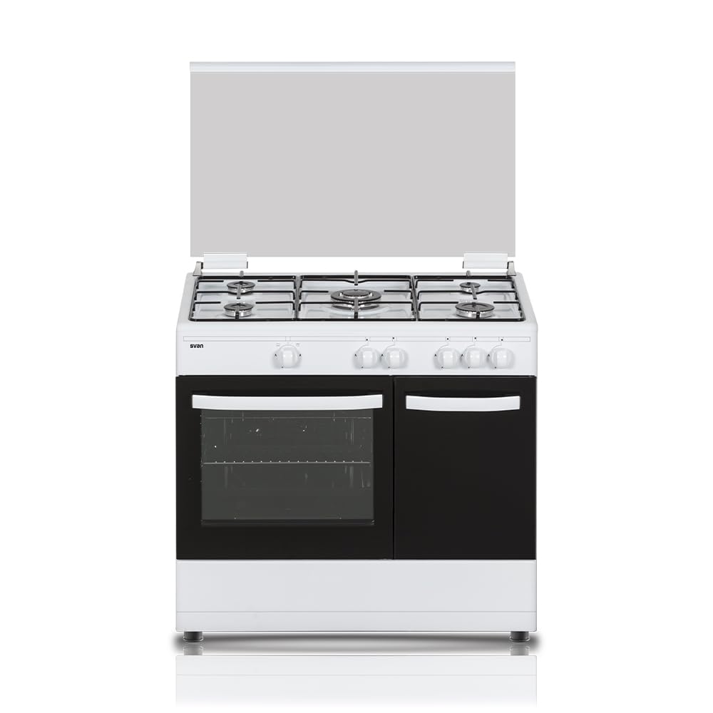 Svan Cocina Gas Butano 5 Zonas de Cocción, Horno 59 L, Blanco SKGW5900PB. Control Manual, Quemador WOK triple llama, 2 Programas de Cocción, Cristal en Puerta de Doble Capa, Tapa Abatible