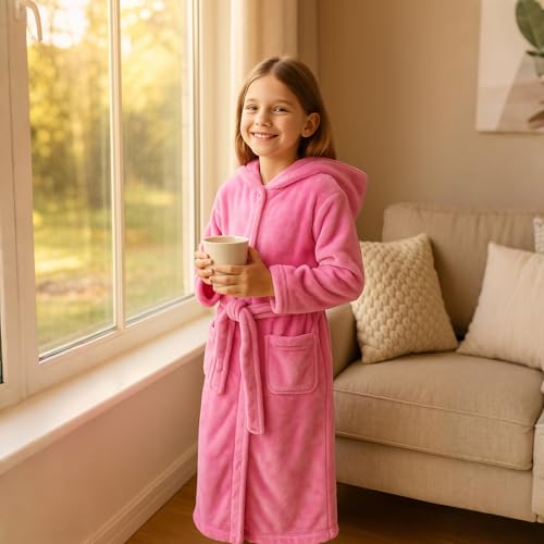 ACTLATI Girls Hooded Plush Bathrobe Full Length – Soft Fleece Robe with Belt & Pockets, Long Kids Robe for Girls Ages 3-134