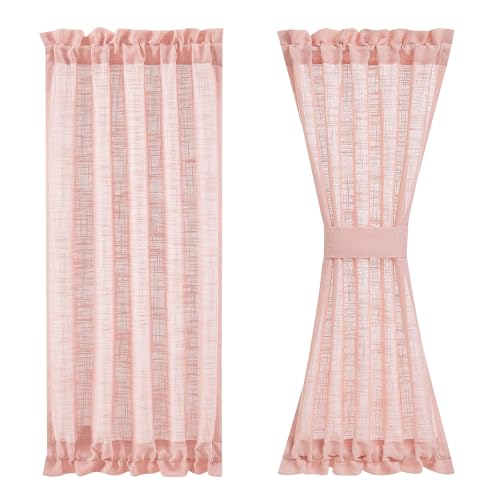 FMFUNCTEX French Door Curtains Semi Sheer Pink 40 Inches Long Short Linen Textured Look Half Single Door Window Panels for Front Glass Door 1 Panel 50 Inches Wide