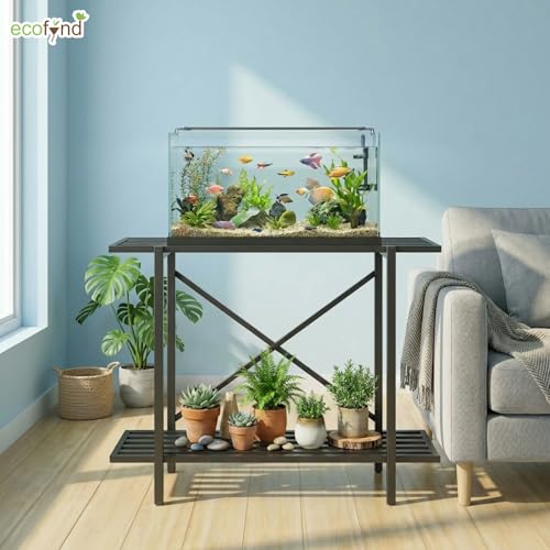 Image of ecofynd 2-Tier Fish Tank Stand, Double-Layer Aquarium Stand with Adjustable Table Feet, Heavy Metal Storage Rack Suitable for Home and Office, (Black, FS-PS049)