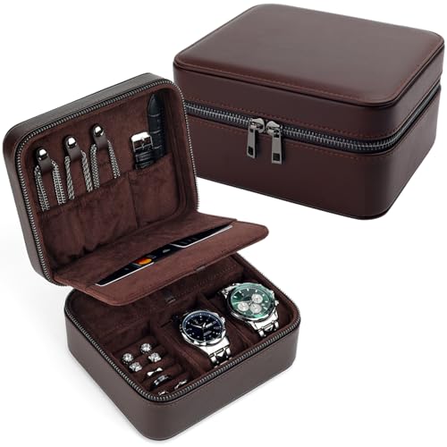 REVEMCN Travel Watch Box for Men, 2-Slot Watch Case with Ring Rolls & Accessories Compartments, PU Leather Portable Men's Jewellery Box Organiser, Fits up to 50mm, Gift for Him (Large - 2 Slot)