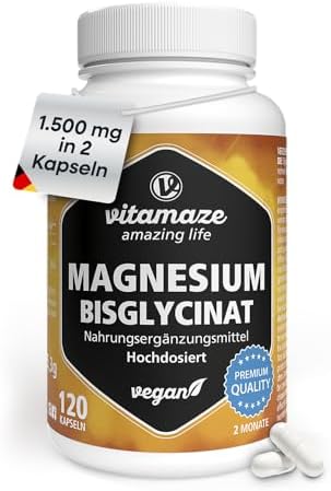 Magnesium Bisglycinat Kapseln hochdosiert, 1500 mg in nur 2 Kapseln davon Magnesium pro Tagesdosis, 120 vegane Kapseln für 2 Monate, ohne Zusatzstoffe, Made in Germany