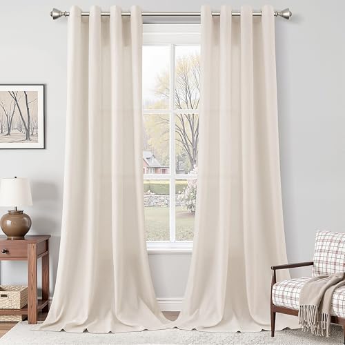 Image of Nanspring Beige Semi Sheer Linen Curtains 102 inches Long 2 Panels for Dining Room Earthy Tone Grommet Window Curtain Privacy Light Filtering Boho Farmhouse Living Room Drapery Panel 102 inch Length