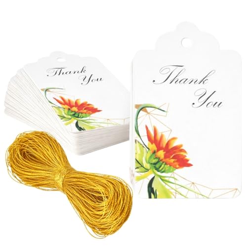 Image of CVANU Floral Thank You Gift Tags (Set of 100), Elegant Flower Design (D12) Hanging Tags with Gold String for Wedding Return Gifts & Small Business Packaging (2.85 x 1.7 Inch)