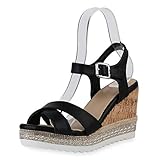  SCARPE VITA Damen Plateau Sandaletten Sommer Schuhe Kork-Optik Keilabsatz Strass Sommer-Sandaletten Sommer-Schuhe 196206 Schwarz Black Total 39