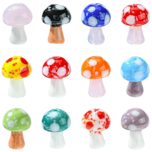 Stiesy 24 Pcs 12 Colors Mushroom Beads Handmade Glass Lampwork Beads Smooth Loose Spacer Beads Ornament for DIY Jewelry Craft Necklace Bracelet Earring Making