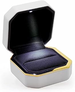 ANDARA Leather Luxury Ring Box with LED Light & Velvet Interior - Jewellery Ring Box for Gift, Proposal, Engagement, Wedding & Anniversary (White)