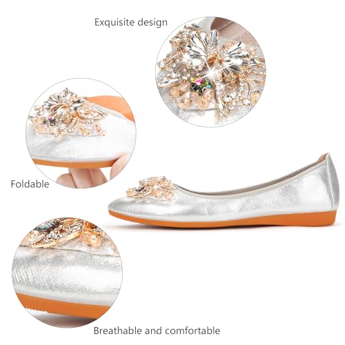 Image of KUNWFNIX Women Ballet Flats Rhinestone Wedding Ballerina Shoes Foldable Sparkly Comfort Slip on Flat Shoes