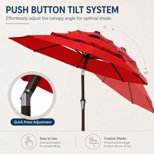 Patio Kingdom 10ft Patio Umbrella, 3-Tier Vented Outdoor Table Umbrella with 8 Sturdy Fiberglass Ribs, Windproof Market Umbrella with Push Button Tilt and Crank, UV Protection for Deck, Pool, Red by Patio Kingdom - Image 6