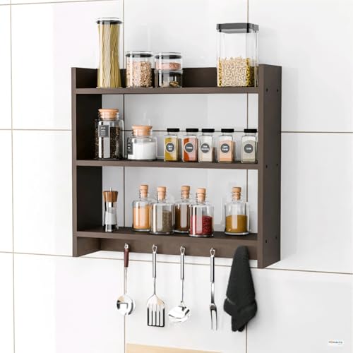 Image of Shoper cart Modern Kitchen Wall Shelf with Hooks, 3-Tier White and Beech Wood Storage Rack, 55 x 50 cm, Utensil Organizer with Spice Jar Display (Brown)