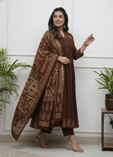 Image of GoSriKi Women's Rayon Viscose Anarkali Printed Kurta Pant with Dupatta | Anarkali Kurta Set for Women | Flared Kurti Pant Set | Ethnic Printed Suit for Women