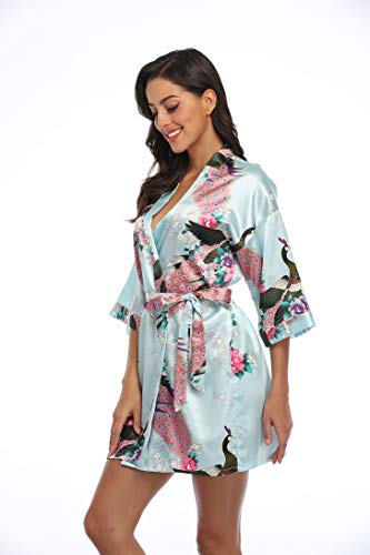 Short Robes for Women Satin Bathrobe with Peacock and Blossoms Printed 1920s Kimono Nightgown, Light Blue X-Large - Thumbnail 5