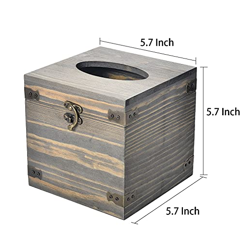 Exoliry Rustic Gray Vintage Wood Square Facial Tissue Paper Box Metal Corner Brackets Hinged Lid Hook Lock Latch Top Cover Distressed Wooden Holder Napkin Dispenser Bathroom Kitchen Bedroom #TOP4