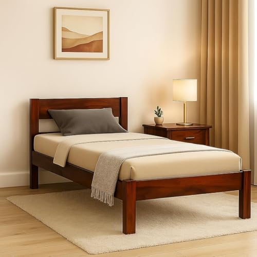 Image of KR Furniture Solid Sheesham Wood Single Bed | Wooden Cot with Headboard | Modern Bedroom Furniture | Strong Frame Support | Bedroom, Hostel, PG & Hotel Use | Walnut Finish