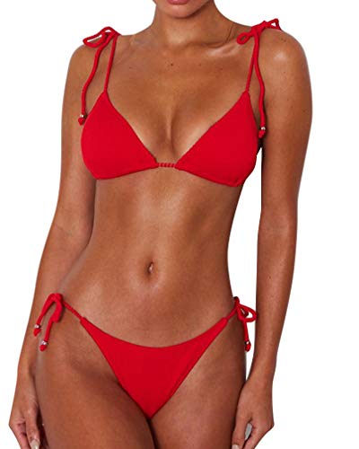 MOOSLOVER Women s Ribbed Tie Bikini Brazilian Cheeky Bottom String Swimsuit(S,Red)