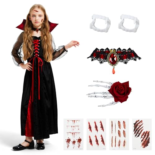 HERMORRYSS Disfraz Vampiro Niña, Disfraces Halloween Niña, Gótico de Reina Vampiresa con Collar de Rubíes, Dentadura Postiza y Pegatinas, Traje de Vampiro para Carnaval, Fiesta Temática Cosplay (S)