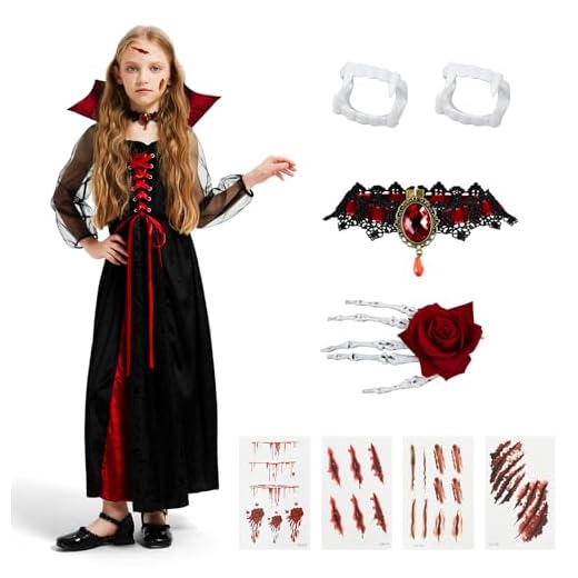 HERMORRYSS Disfraz Vampiro Niña, Disfraces Halloween Niña, Gótico de Reina Vampiresa con Collar de Rubíes, Dentadura Postiza y Pegatinas, Traje de Vampiro para Carnaval, Fiesta Temática Cosplay (S)