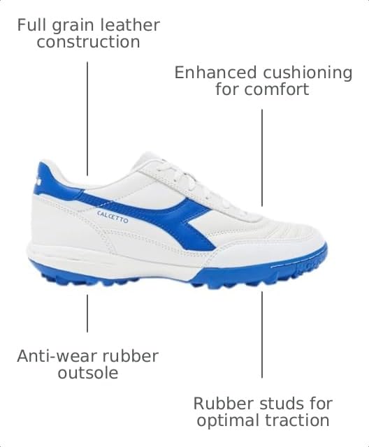 Image of Diadora Calcetto LT Turf Soccer Shoes - Full Grain Leather, Enhanced Cushioning, Anti-Wear Rubber, Synthetic Turf, Optimal Traction and Stability, White /Blue, 7 UK
