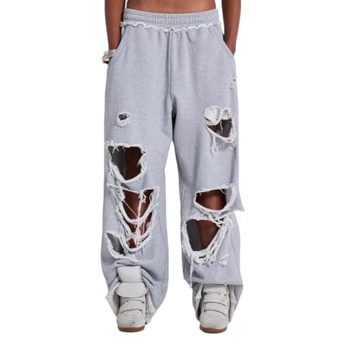 YTRPI grey ripped sweatpants with adjustable knot front — the only pair in this set that names its knot as adjustable