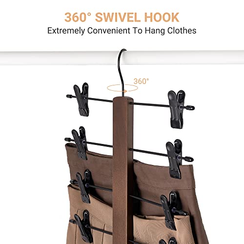 Mkono 3 Pack Pants Hangers Space Saving 5 Tier Skirt Hanger With Adjustable Clips, Wood Rubber Coated Clips Clothes Hanger For Shorts Trouser Jeans Organize 360 Swivel Multiple Closet Storage Hanger #TOP3