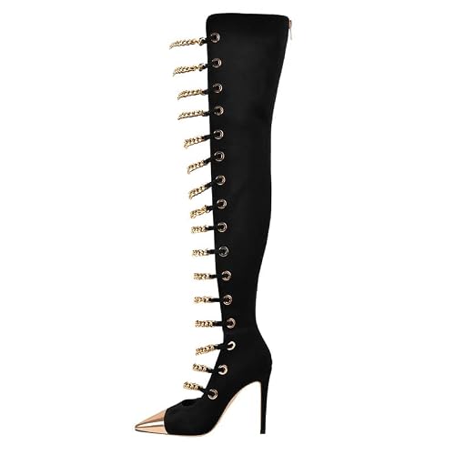 blingqueen Gold Chains Boots with Zipper Embellished Front Carved Out Stiletto Sandals with Golden Pointed Toe Heels - 6 UK - Black