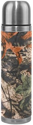 ALAZA Real Tree Camouflage Vacuum Insulated Stainless Steel Water Bottle Double Wall Construction Leak Proof Thermos Flask Genuine Leather Cover 17 Oz