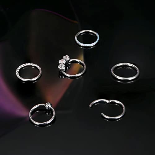 Jstyle 6Pcs 16G 18G Septum Rings Surgical Steel Nose Rings Hoop for Women Opal CZ Daith Cartilage Hoop Earring Clicker Septum Jewelry Hinged Hoop Nose Ring Helix Rook Tragus Piercing Jewelry 18G 8mm by Jstyle - Used condition - Image 6