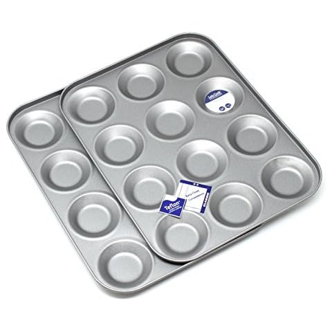 12 Hole Mince Pie/Bun Tin Twin Pack, Set of Two, for Buns, Fairy Cakes, Tarts and Mince Pies, British Made with Teflon Non Stick by Lets Cook Cookware Cover